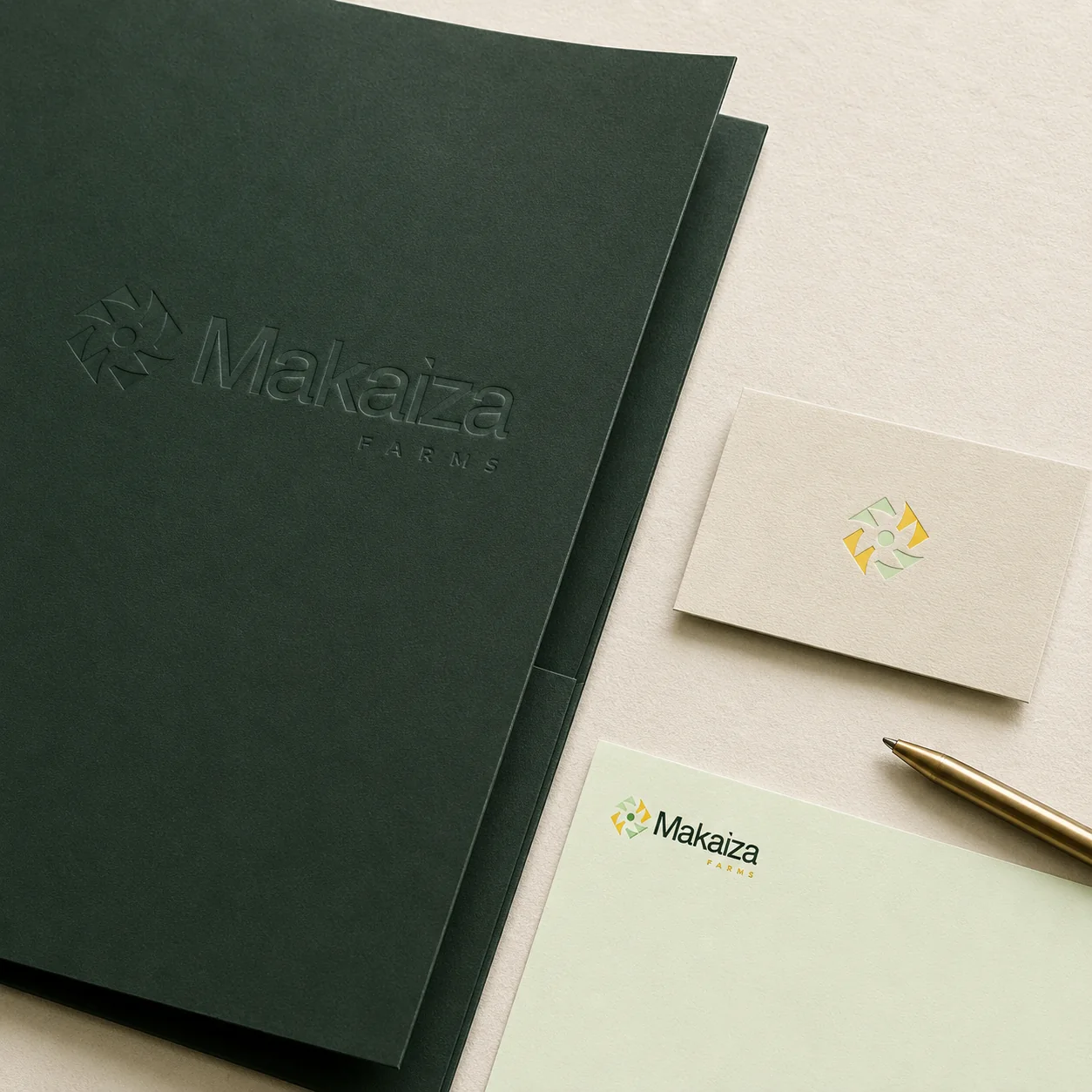 Makaiza Farms embossed folder and business cards